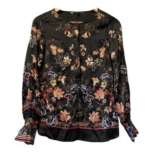 MASSIMO‎ DUTTI Women's Black Multi Floral Button Up Blouse Long Sleeve, Size 2
